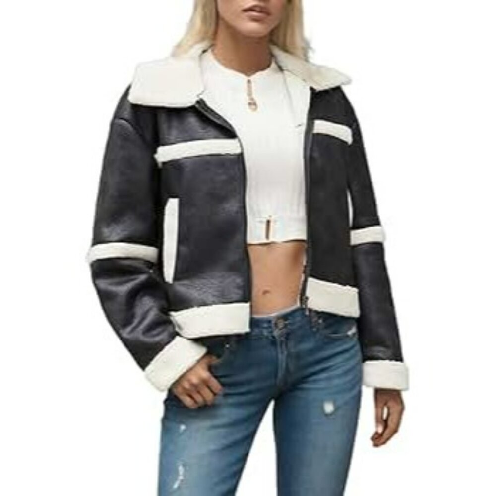 New Vigoss Shearling Aviator Jacket Faux Leather & Sherpa Trim Size Medium